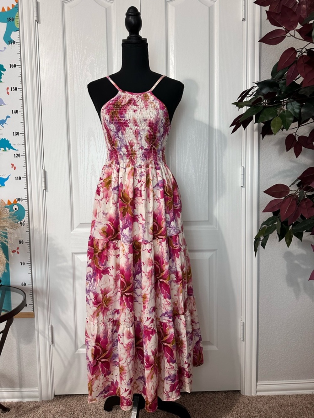 Floral Pink Smocked Halter Maxi Dress- Adjustable Strap,Length:112cm